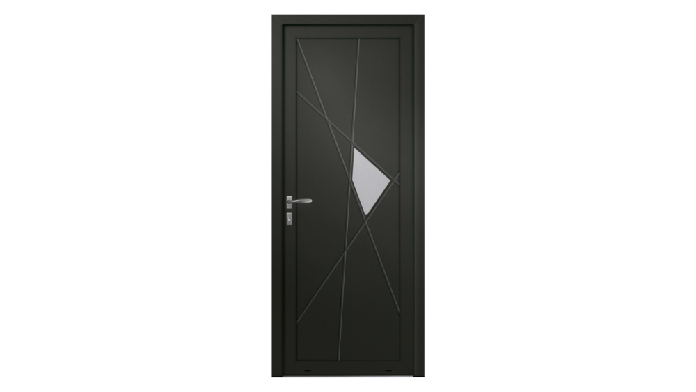 Porte d'entrée aluminium TALMONT Porte d'entrée noire avec plusieurs lignes obliques et un triangle vitré